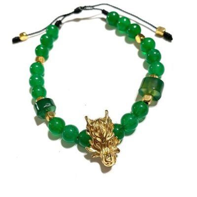 Pulsera de Cuarzo Jade Chino con Dragón en Chapa de Oro