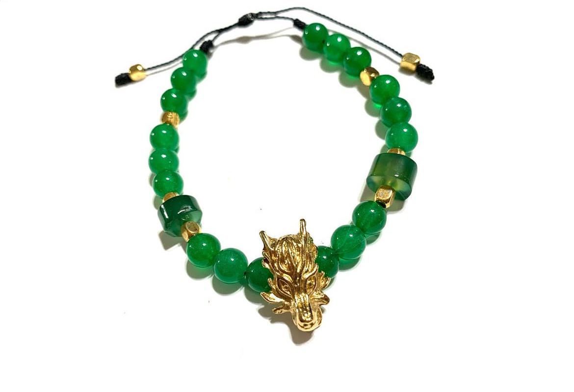 Pulsera de Cuarzo Jade Chino con Dragón en Chapa de Oro
