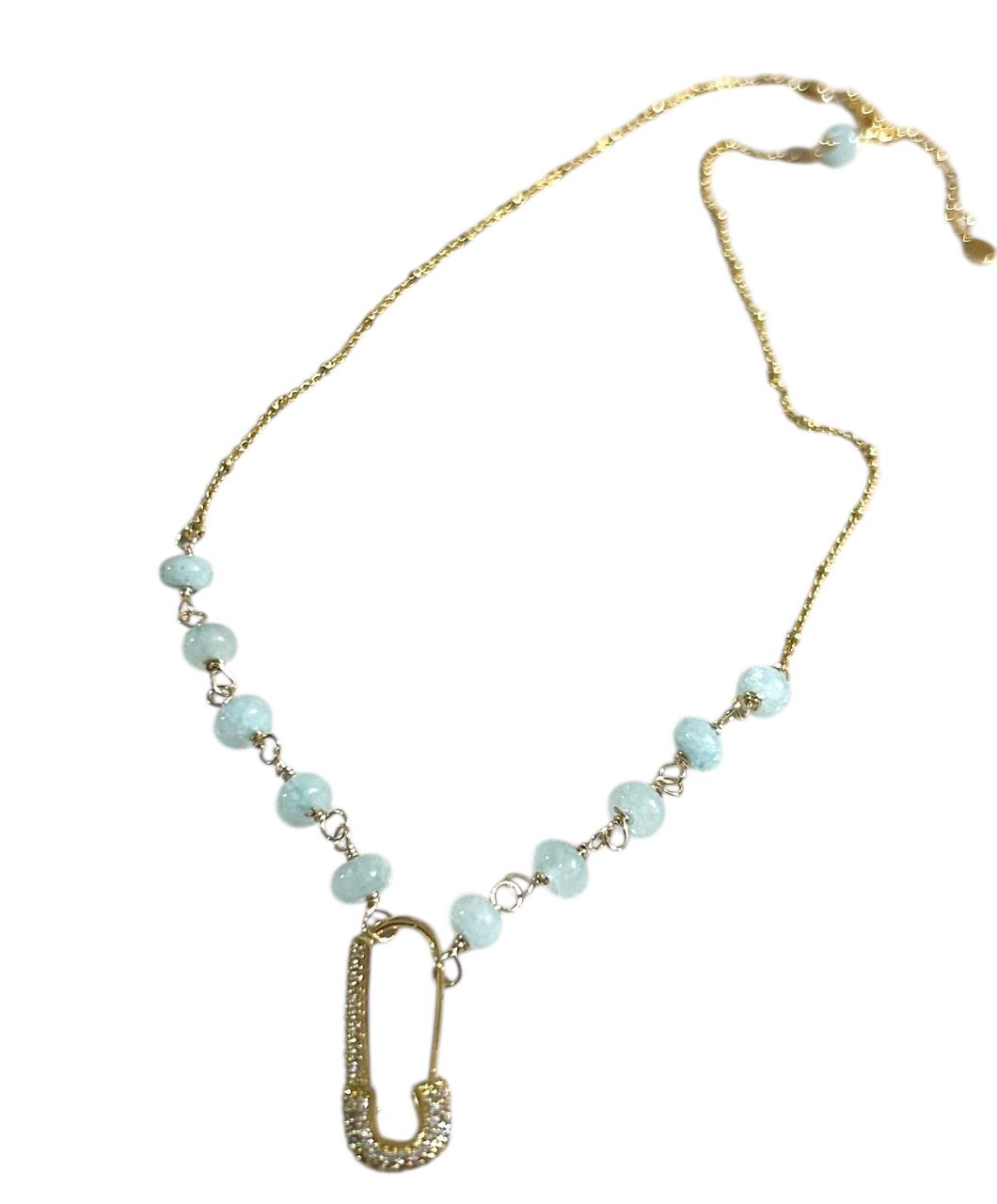 Collar de Cuarzo Ágata Azul Claro con Dije de Micro Pavé y Zircon