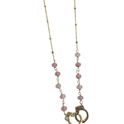 Collar de Cuarzo Ágata Rosa Claro con Dije de Esposas en Baño de Oro