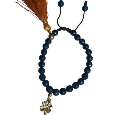 Pulsera de Ágata Azul con Motita Naranja y Dije de Trébol en Chapa