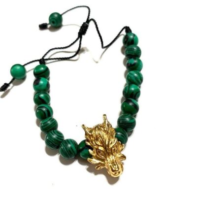 Pulsera de Cuarzo Malaquita con Dragón en Chapa de Oro