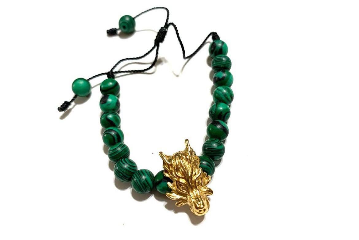 Pulsera de Cuarzo Malaquita con Dragón en Chapa de Oro