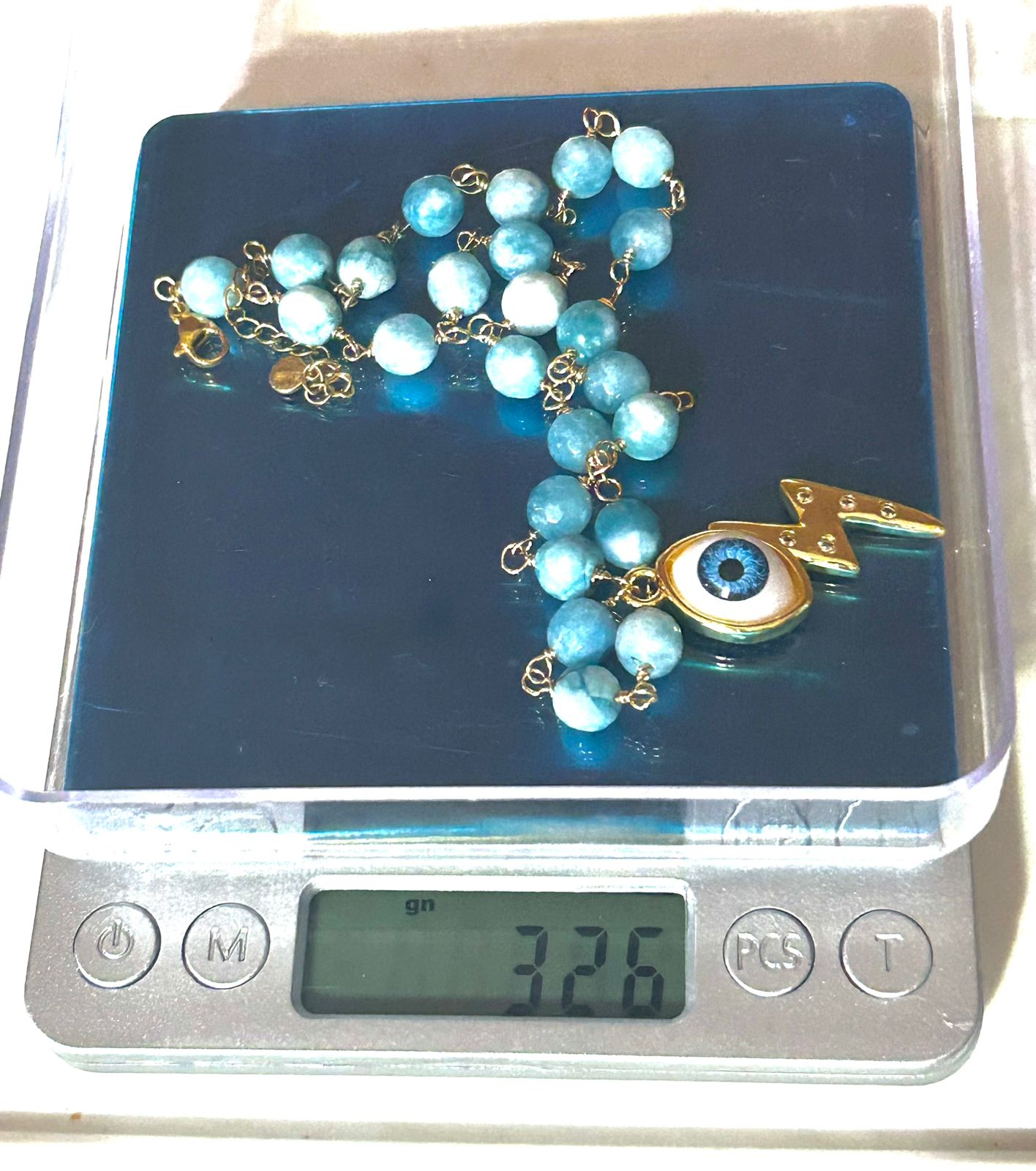 Juego de Collar y Aretes de Cuarzo Amazónica con Dije de Ojo - Image 2