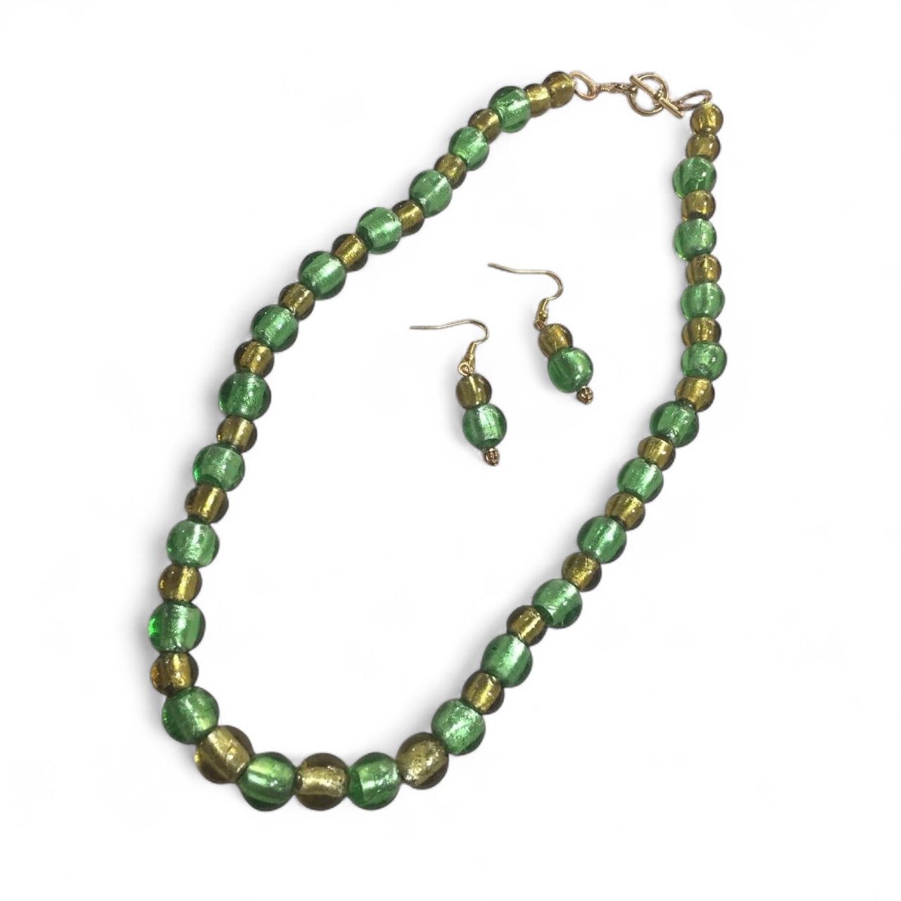 Juego de Collar y Aretes de Cristal de Murano Verde con Baño de Oro